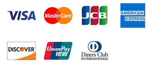 VISA、Mastercard、JCB、アメックス、ダイナース、銀聯、ディスカバーのロゴ